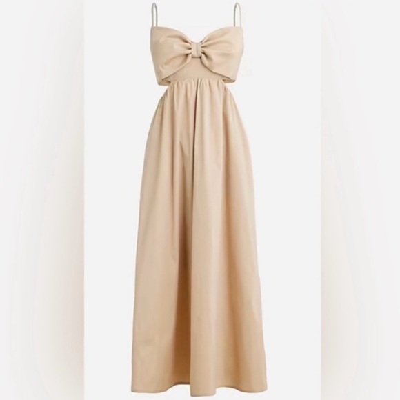 J. Crew Collection Bow Front Cutout Midi Dress in Stretch Taffeta Khaki Tan - Picture 2 of 4